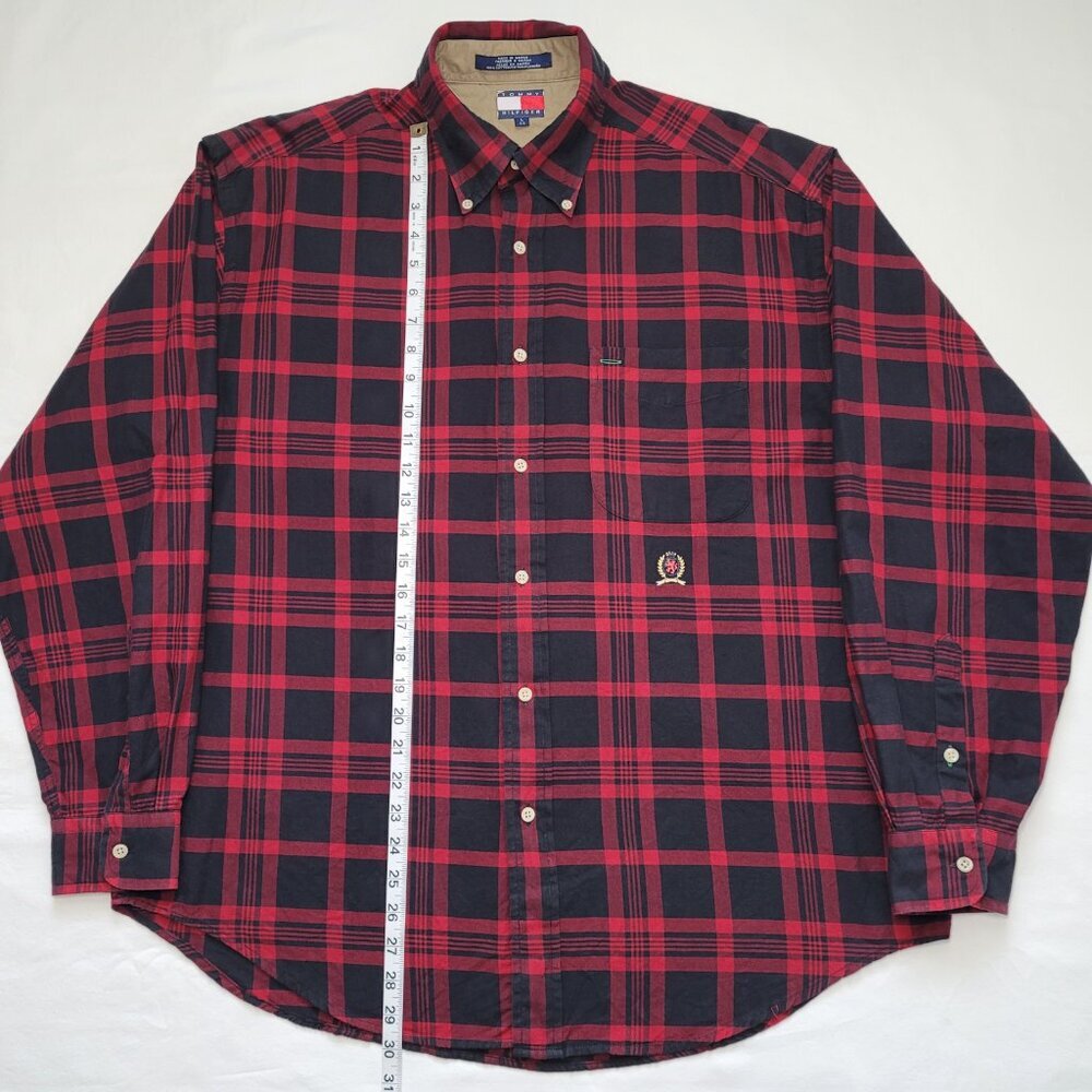 Tommy Hilfiger Plaid Shirt Embroidered Lion Crest Red Black Large Preppy Vintage - Picture 5 of 11